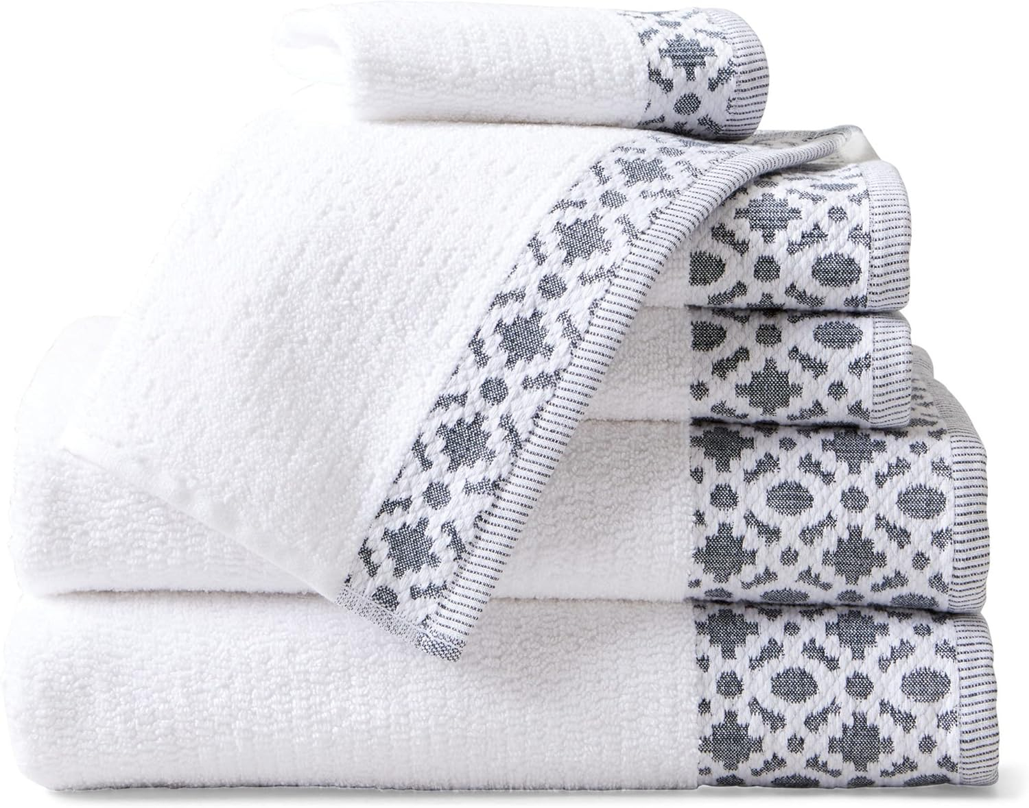 Market & Place 100% Cotton Luxury Towel Set | Super Soft and Highly Absorbent | Textured Decorative Border | 2 Bath Towels, 2 Hand Towels, & 2 Washcloths | Nitra Collection (White/Navy)