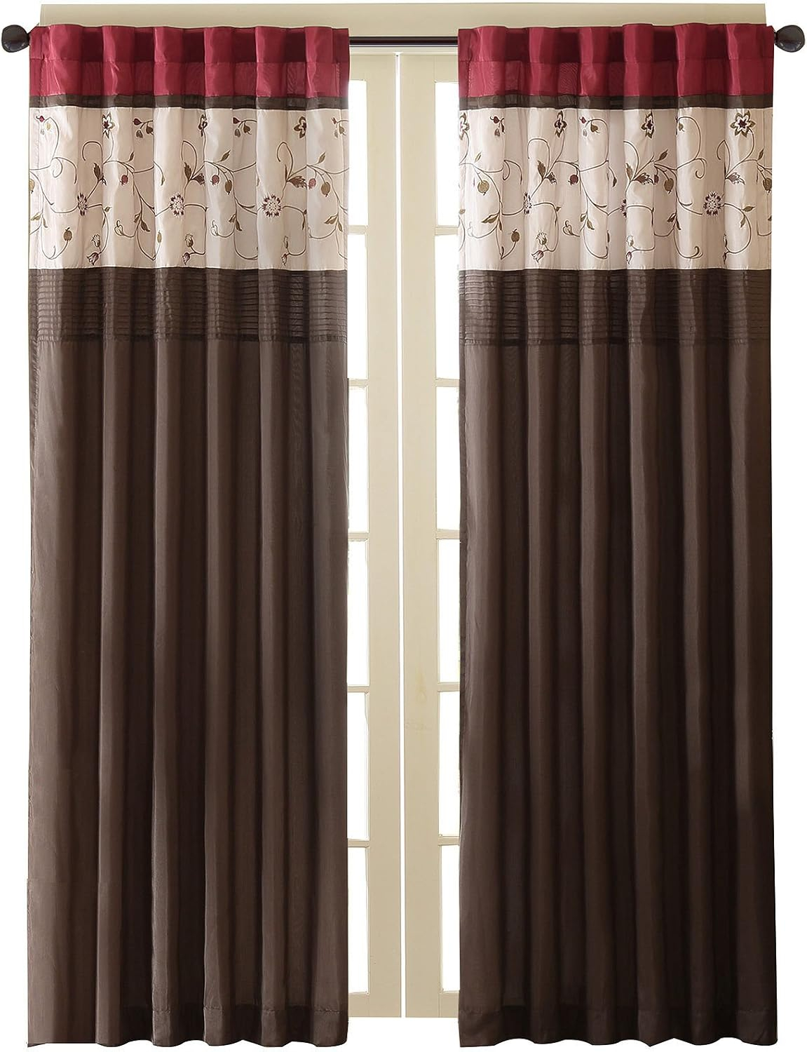 Madison Park Serene Embroidered Light Filtering Treatment Curtain Rod Pocket/Back Tab Single Window Panel Drape for Bedroom Livingroom and Dorm, 50x84", Red