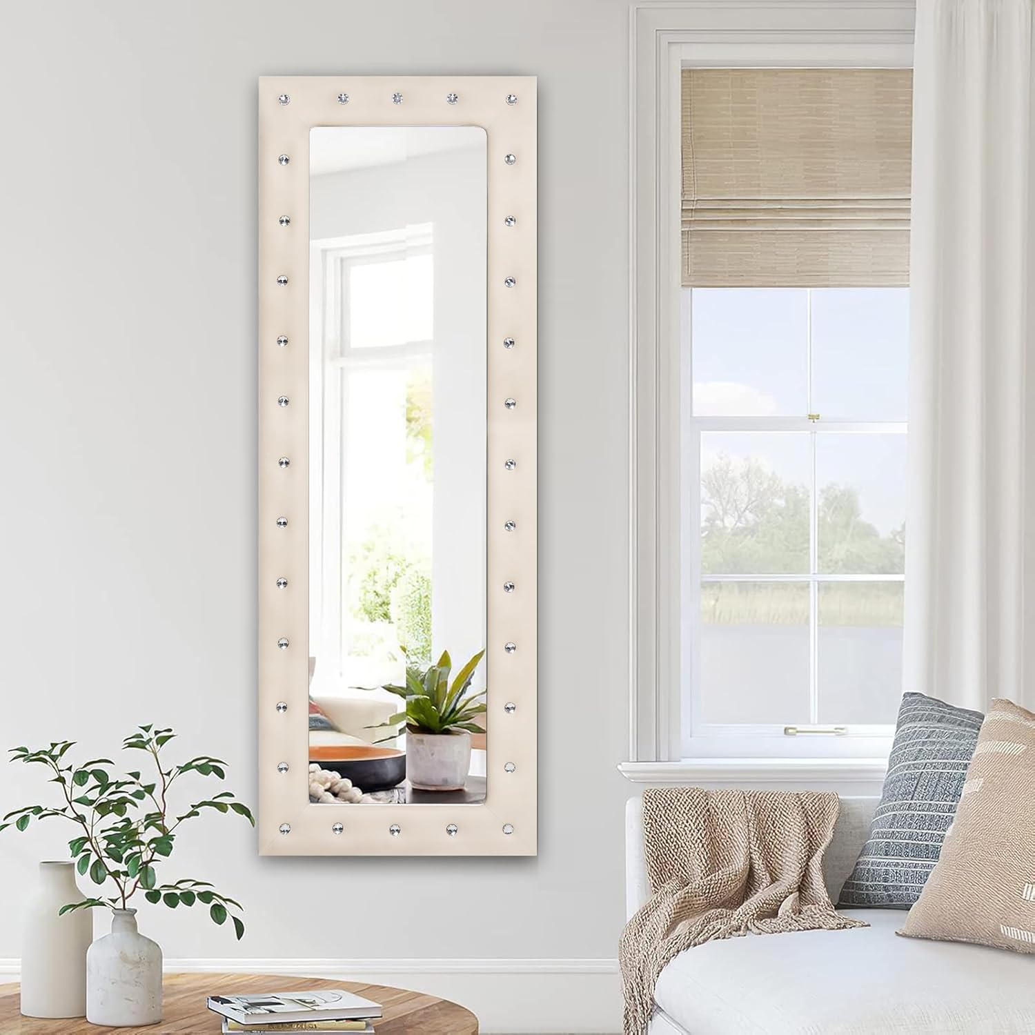 Naomi Home Crystal Tufted Floor Mirror Full Length 63 LX22 W Wall Mirror Full Length Standing Wall with Faux Wood Frame Mirrors for Bedroom - Pink