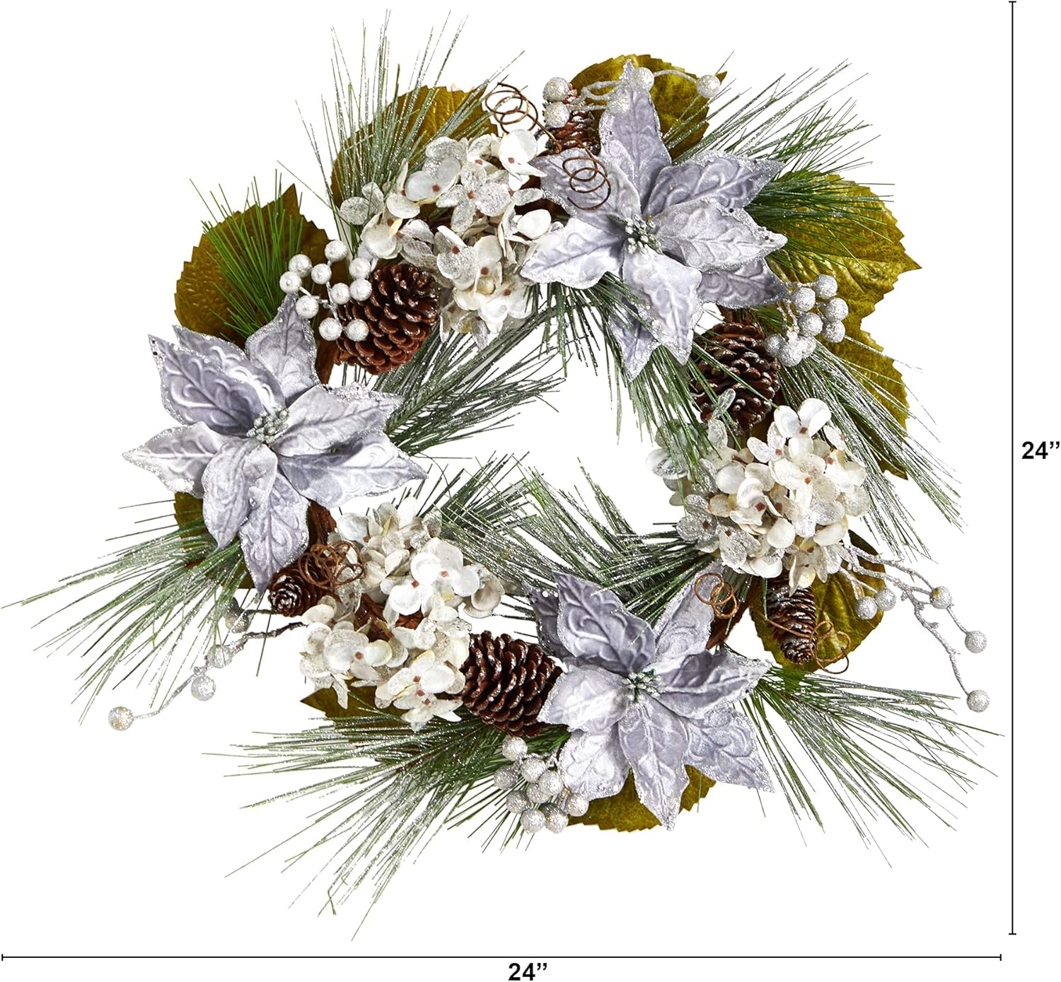 24" Silver and White Artificial Christmas Wreath with Pinecones and Hydrangeas