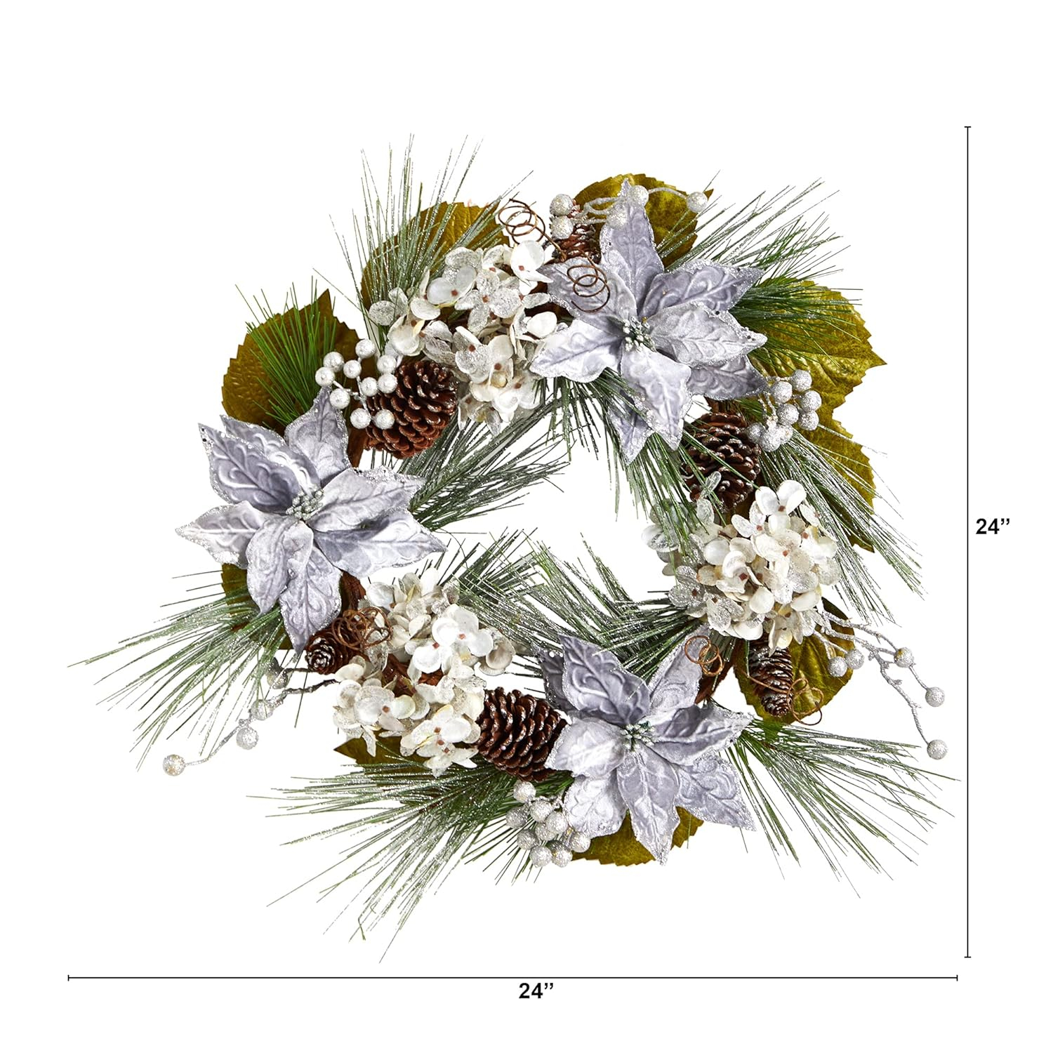 24" Silver and White Artificial Christmas Wreath with Pinecones and Hydrangeas