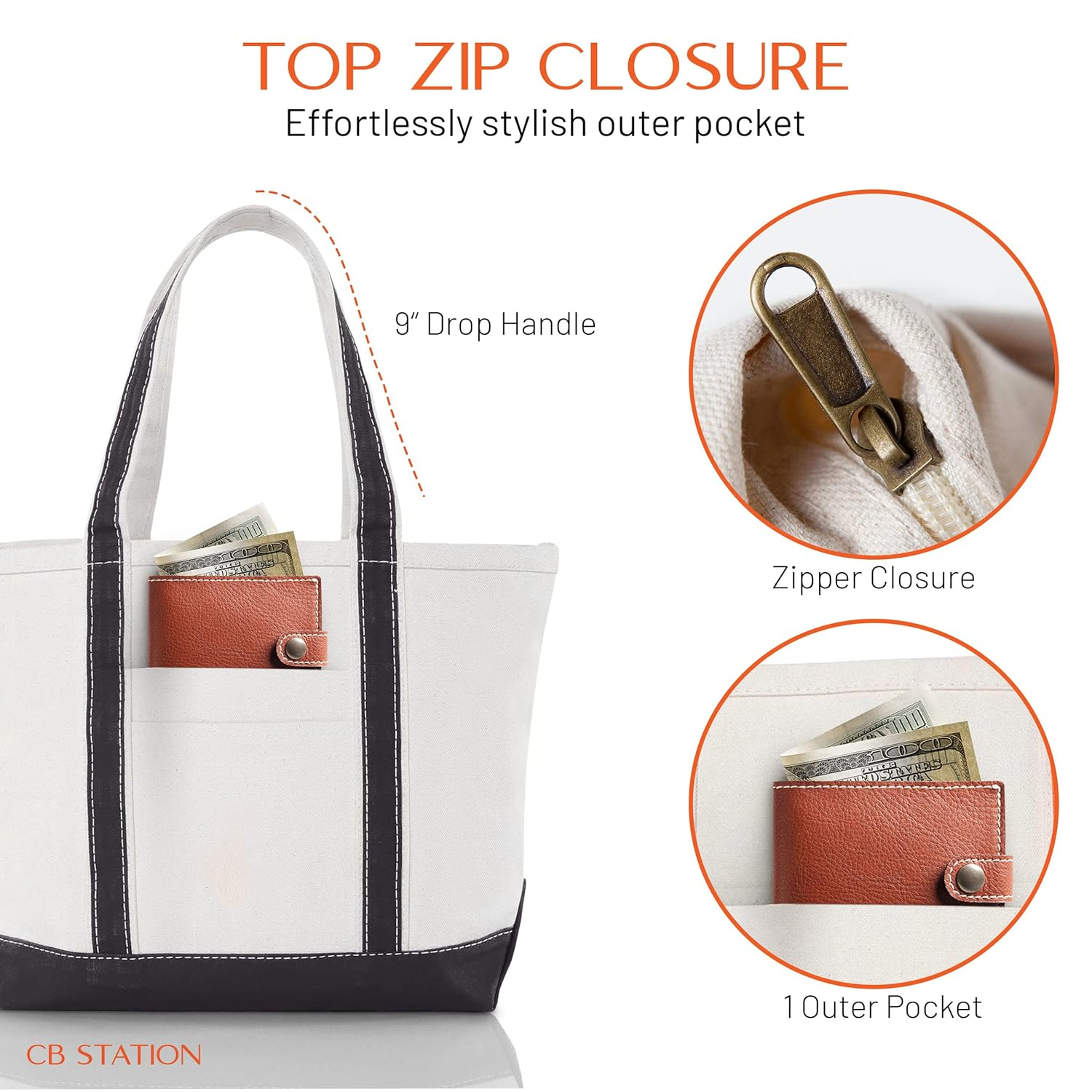 Medium Classic Canvas Tote Bag for Women, Top Zipper Closure, Outer Pocket, Daily Essentials, Groceries, Traveling