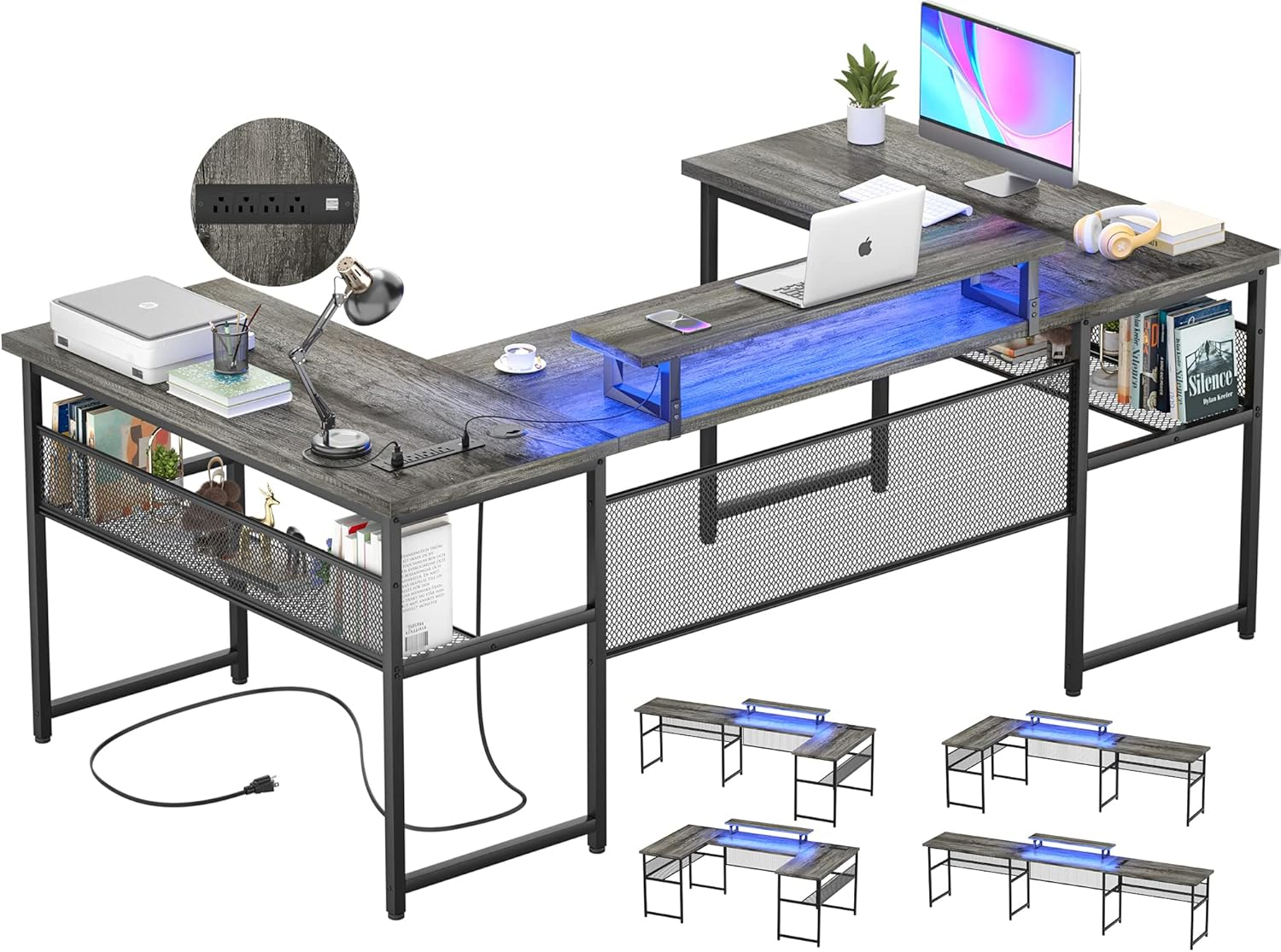 Unikito U Shaped Computer Desk with Power Outlet and LED Strip, Reversible L Shaped Office Desk with Monitor Stand and Bookshelf, Modern U- Shape Corner Desk, 130 Inch 2 Person Gaming Table, White Oak