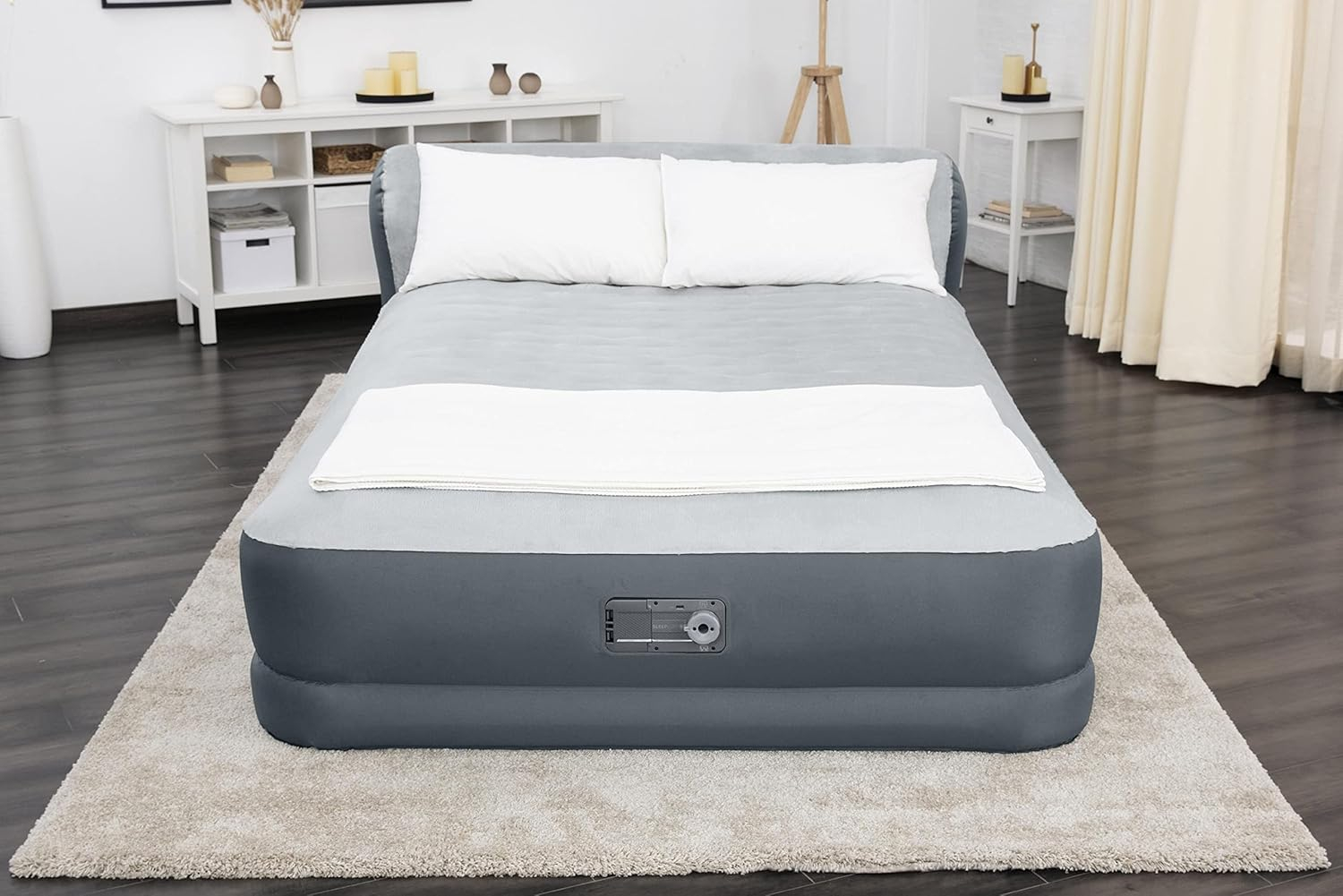 SleepLux Queen Air Mattress with Headboard | Supersoft Snugable Top, Extra Durable Tough Guard | Raised Airbed with Built in Pump + USB Charger (90"x60"x29") Grey