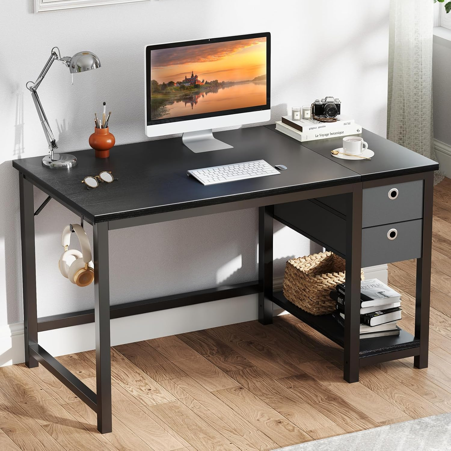 40-Inch Compact Computer Desk with Ample Storage Drawers - Modern Simple Style Writing Study PC Work Table for Home Bedroom Small Spaces - Ergonomic Design, Sturdy Construction, and Spacious Workspace