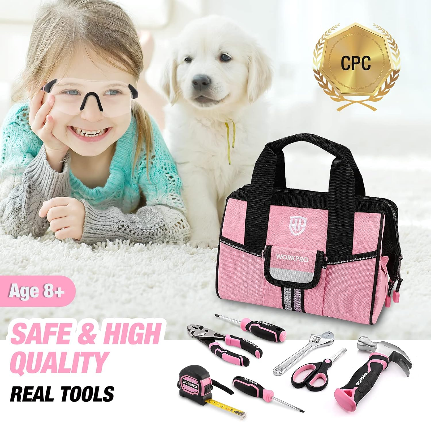 WORKPRO 9-Piece Kids Real Hand Tool Set, Pink Junior Tool Kit with Storage Bag for Boys, Girls, Children DIY Building and Woodworking, Age 8+