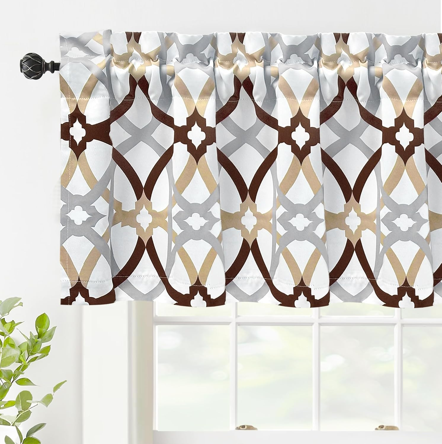 DriftAway Alexander Spiral Geo Trellis Pattern Window Curtain Valance Rod Pocket 52" x 18" Plus 2" Header, Brown, 1 Pack