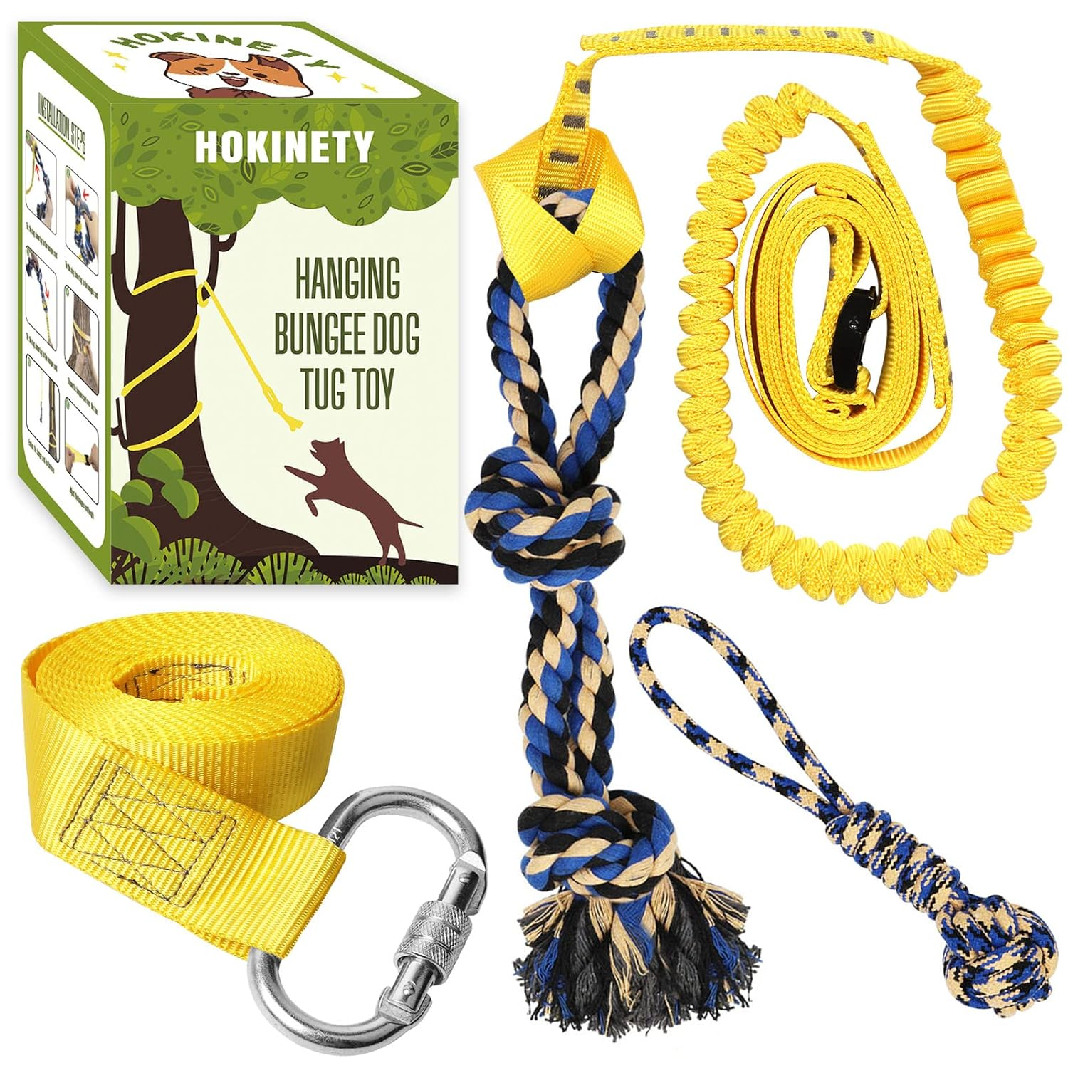 Dog Hanging Bungee Tug Toy: Interactive Tether Tug-of-War for Pitbull Small to Large Dogs to Exercise and Fun Solo Play - Durable Retractable Tugger Dog Rope Toy with 2 Chew Rope Toys