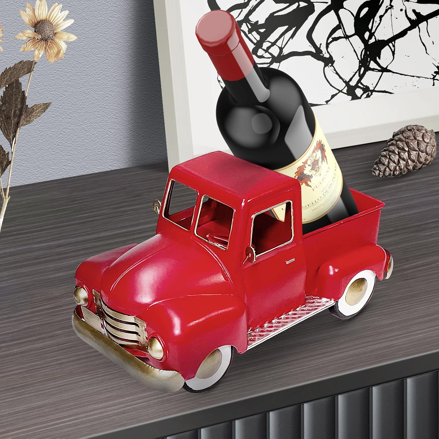 Vintage Red Metal Truck Sculpture with Gold Accents