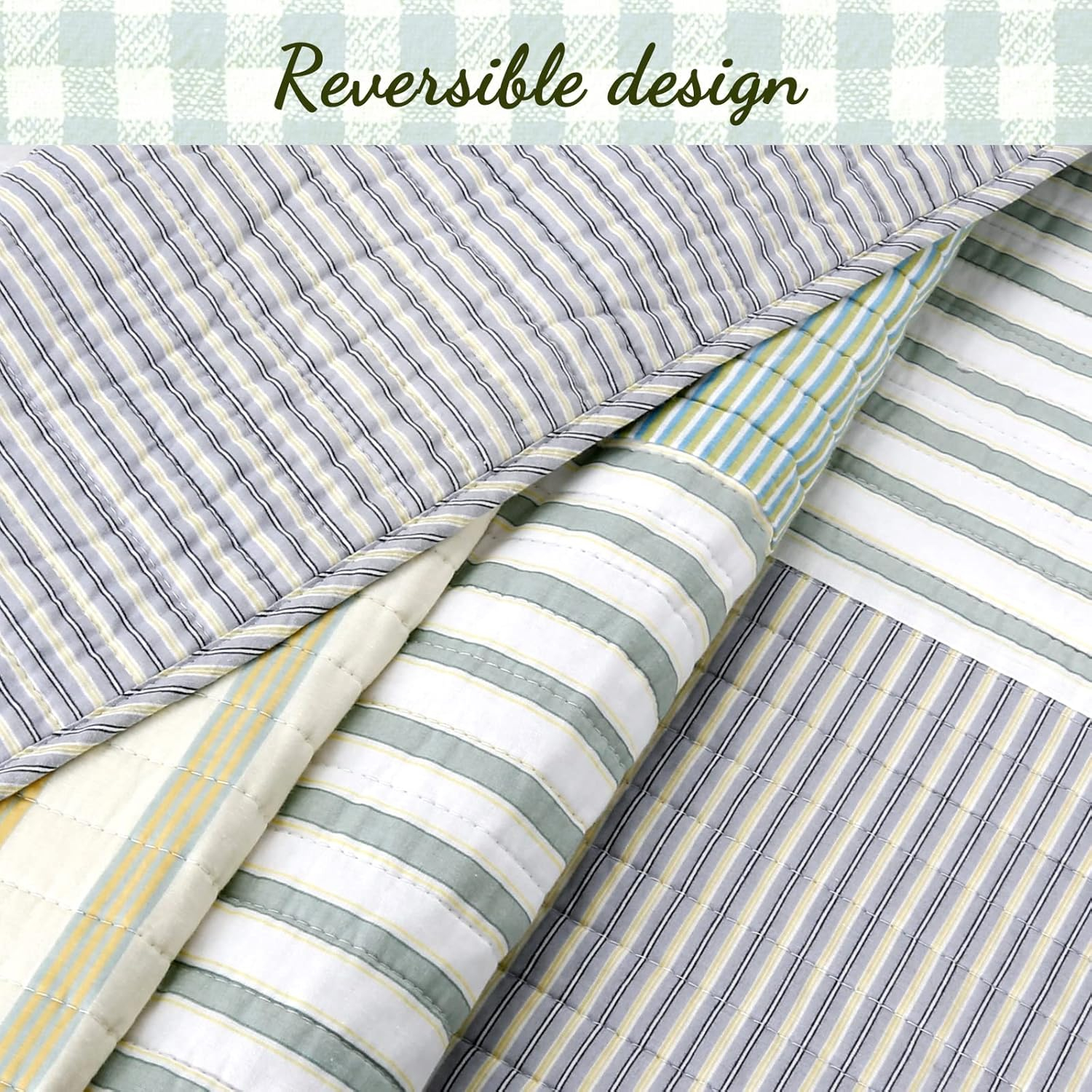 Cozy Line Home Fashions Green Yellow Blue Plaid Striped Real Patchwork 100% Cotton, Reversible Coverlet, Bedspread, Quilt Bedding Set (Green Patchwork, King - 3 Piece)