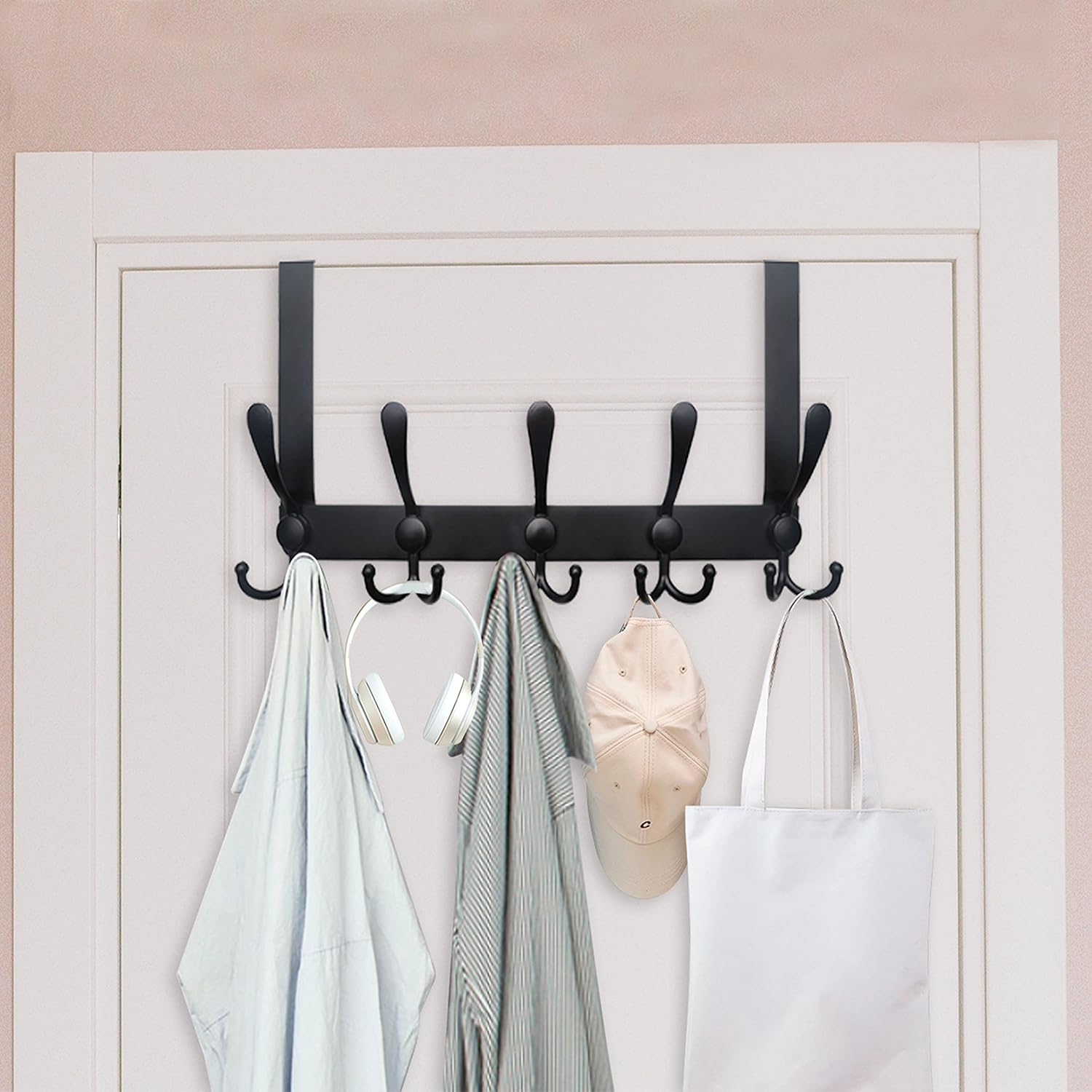 WEBI Over The Door Hook Door Hanger Hook Rack with 5 Tri Hooks for Hanging Coats, Door Towel Rack Door Coat Hanger Over Door Coat Rack for Behind Back of Bathroom,Black,2 Packs