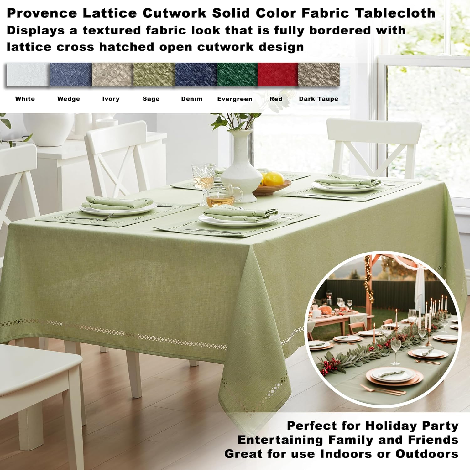 Newbridge Fabric Rectangle Tablecloth, 60 x 144 Inch, Provence Lattice Cutwork Solid Color Textured, Water and Stain Resistant Easy Care Fabric Table Cloth for Spring Parties, Sage Green