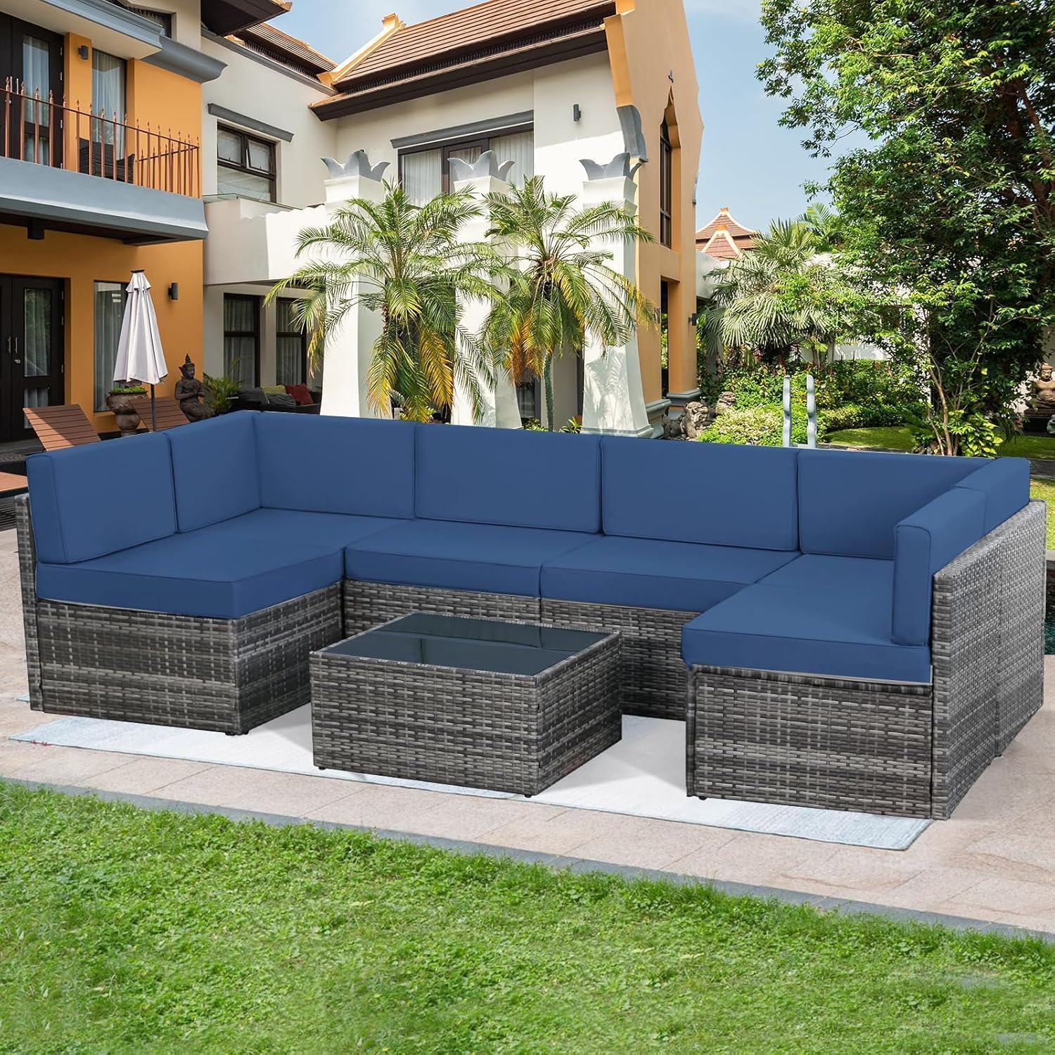 U-MAX 7 Piece Outdoor Patio Furniture Set, PE Rattan Outdoor Wicker Sectional Furniture Chair Set with Cushions and Tea Table, Grey Rattan and Navy Cushion