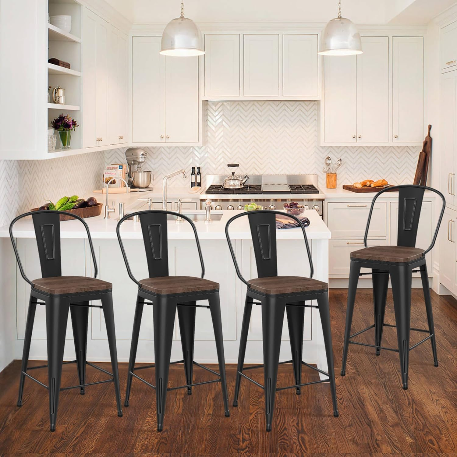 Andeworld Swivel Metal Bar Stools Set of 4 Counter Height Stools Counter Bar Stools with Back Swivel Metal Bar Chairs Wooded Seat 30 Inch Matte Black