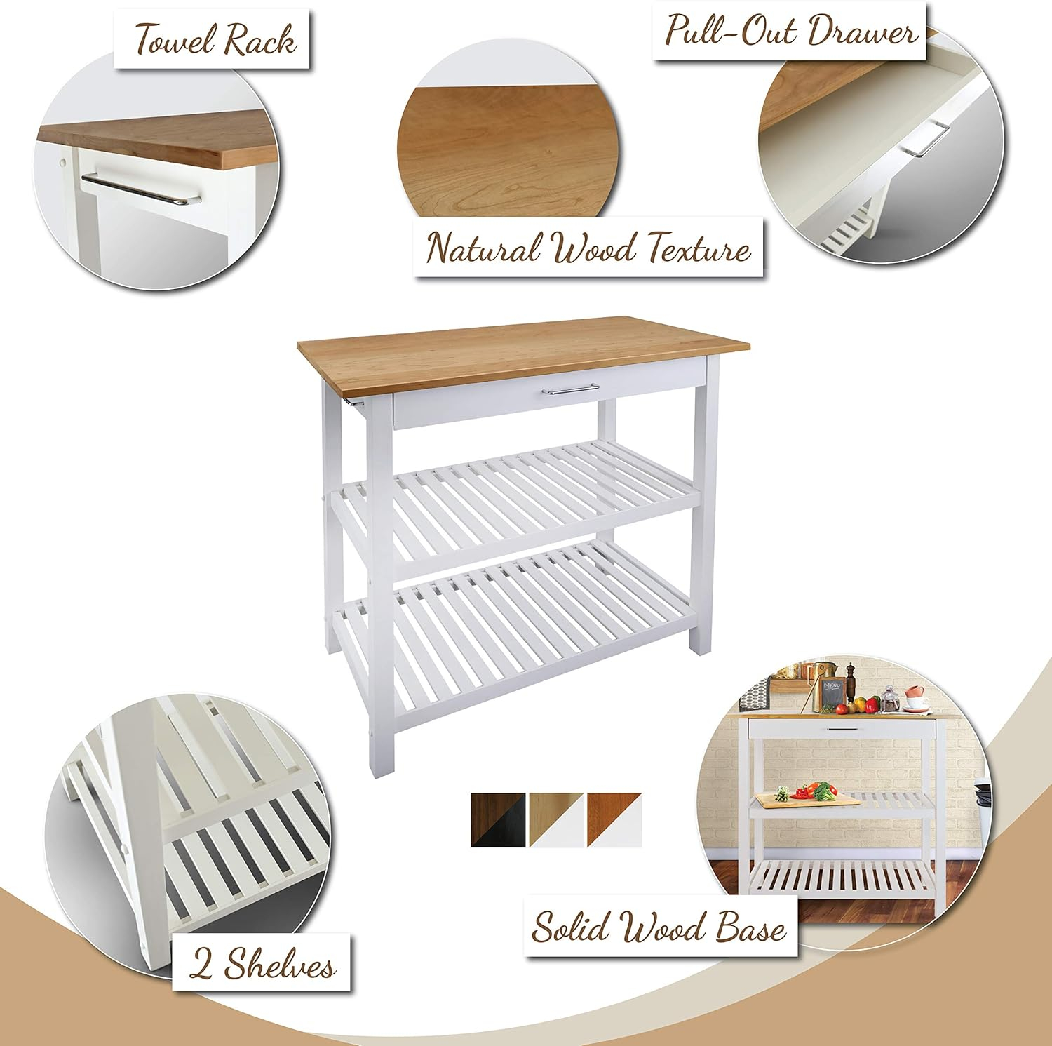White and Natural Cherry Wood Kitchen Island with Shelves