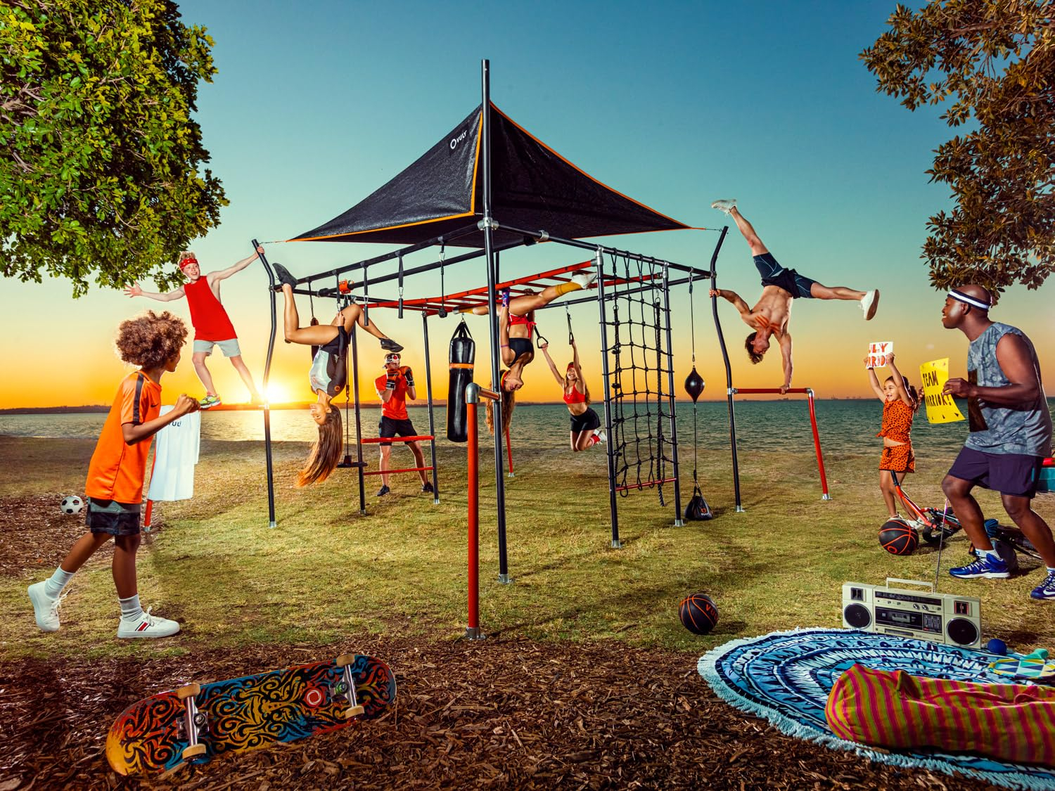 VULY Family Quest Monkey Bars Large Ninja Warrior Playset with Shade Cover, Cargo Net, Gym Rope, Bounce Swing