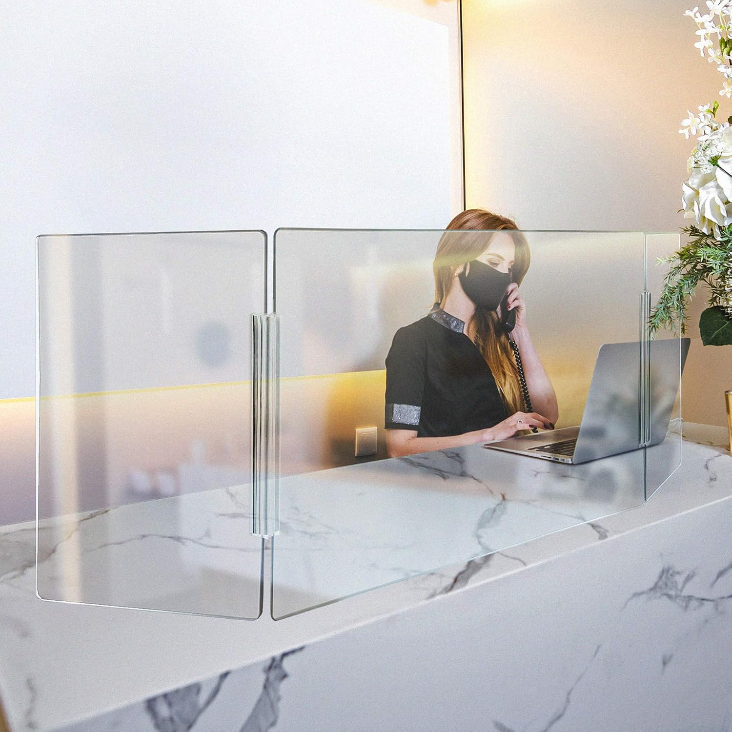 Azar Displays 176192-100 Medium 60" wide x 20" high Clear Acrylic Tri Fold PLEXIGLASS Protective Shield, Sneeze Guard, Personal Barrier, adjustable heights for pass through on the bottom