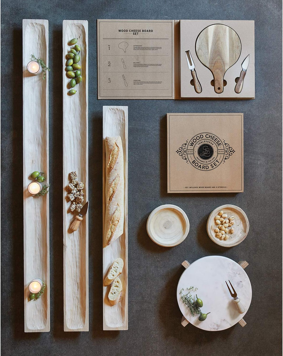 Santa Barbara Design Studio Gift Set Kitchen Essentials TableSugar Kraft Cardboard Book Gift Box, 3-Pieces, Wood Cheese Board Kit
