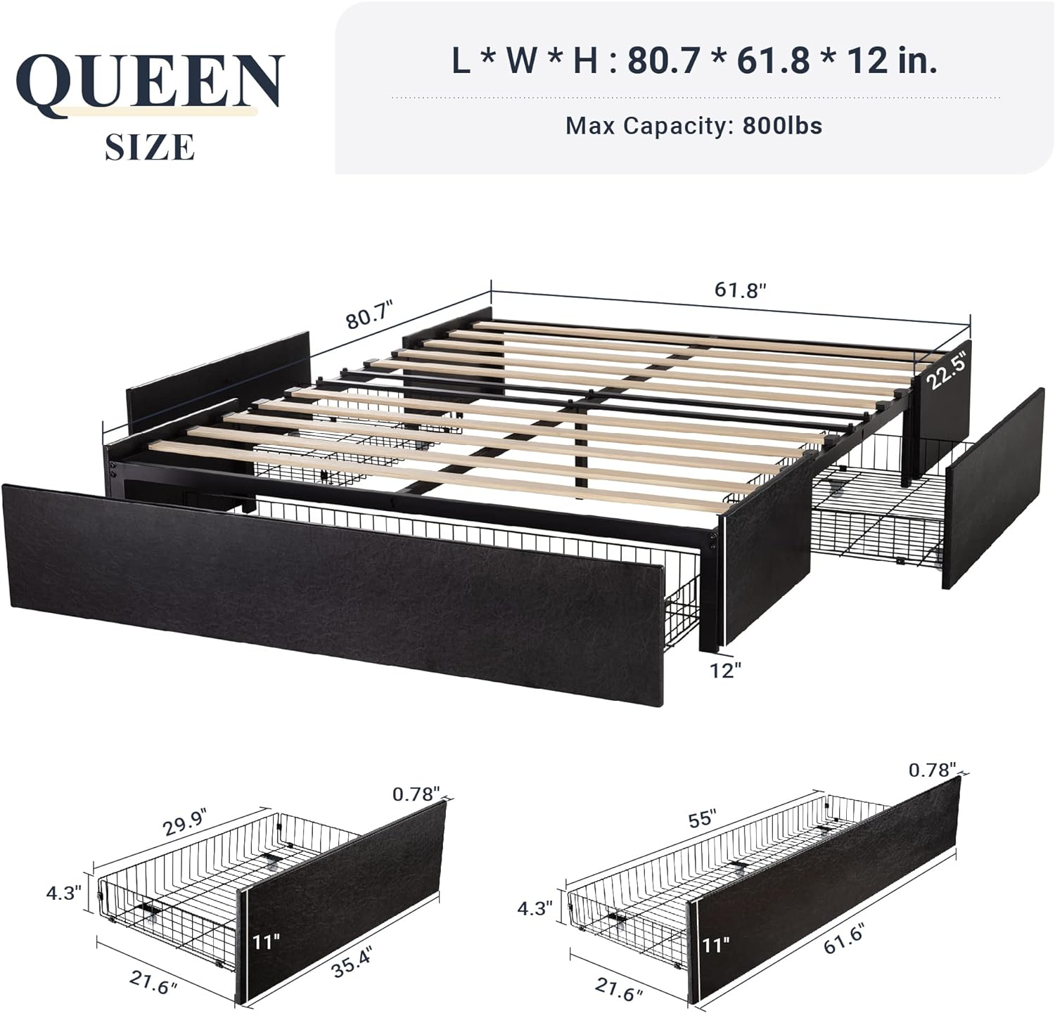 Modern Black Faux Leather Queen Bed Frame with Storage Drawers