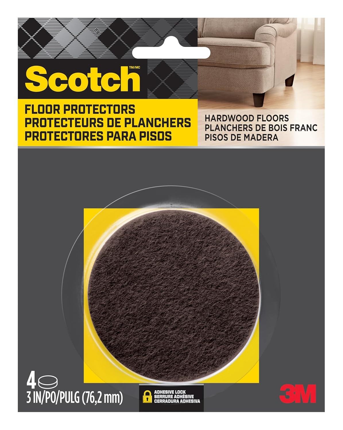 Scotch Felt Furniture Pads 4 PCS Furniture Pads for Hardwood Floors, Round, Brown 3" Diameter