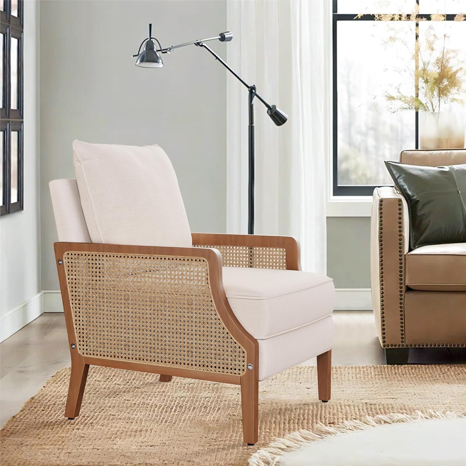 HAOBO Home Mid Century Modern Accent Chair Upholstered Living Room Chairs Armchair with Rattan Armrest Comfy Reading Chair with Wood Frame Lounge Side Chair with Waist Cushion
