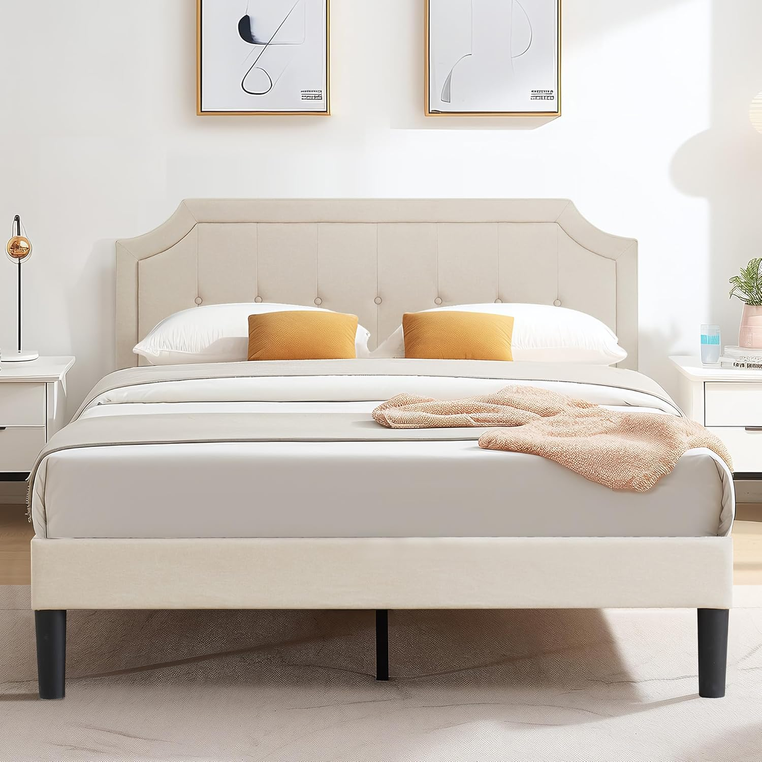 VECELO Queen Size Platform Bed Frame with Fabric Upholstered Headboard and Wooden Slats Support, No Box Spring Needed/Easy Assembly,Beige