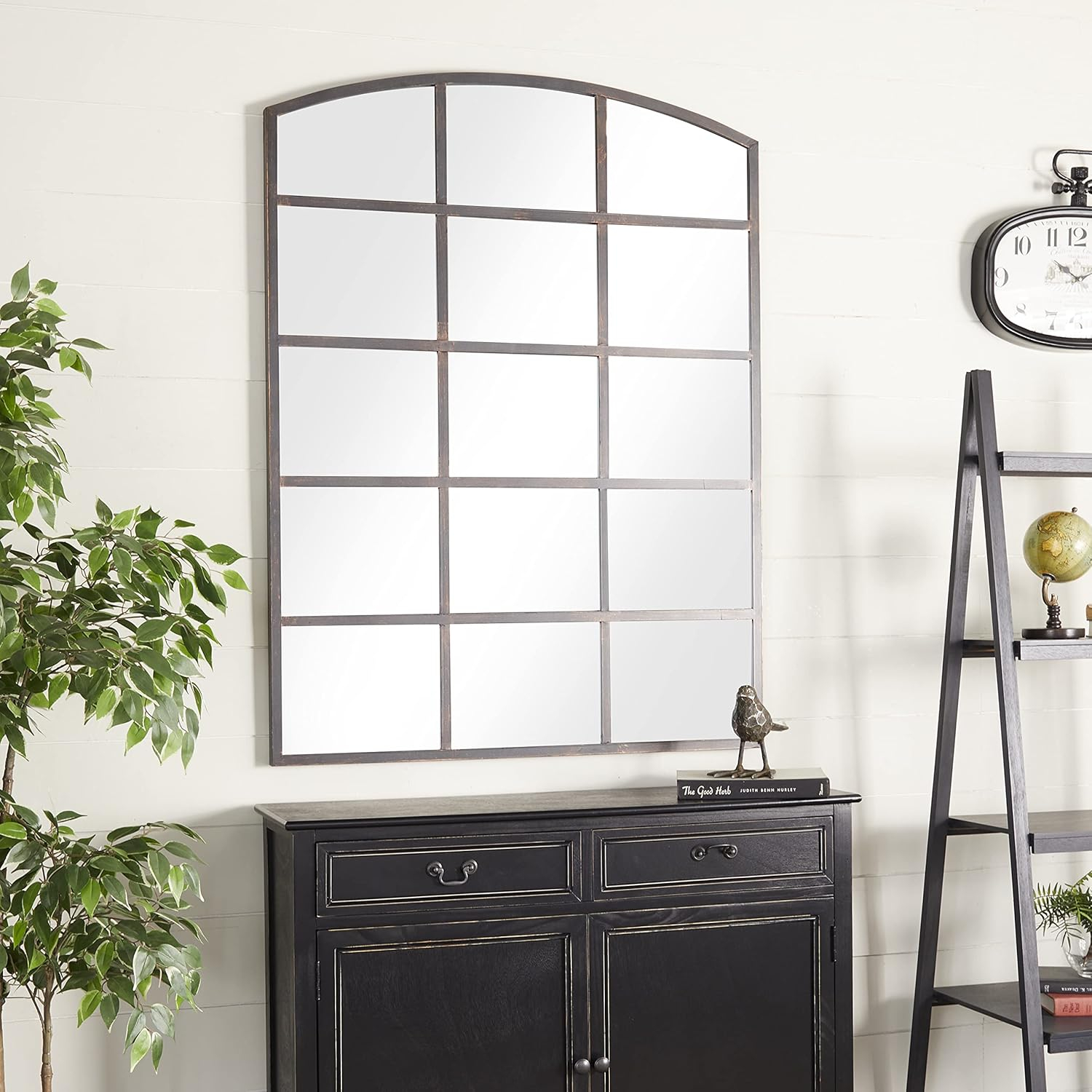 DecMode Geometric Window Pane Arch Wall Mirror, 36" W x 48"H, Dark Brown Finish