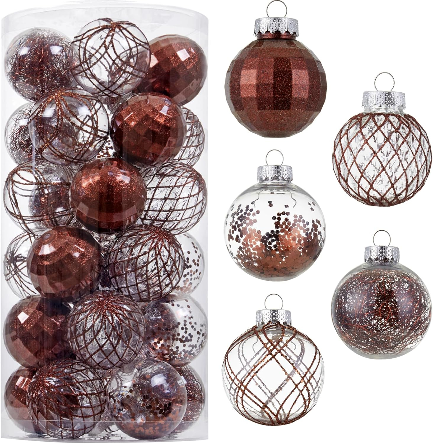 30ct Christmas Ball Ornaments-60mm/2.36" Shatterproof Clear Plastic Xmas Balls Baubles Set with Stuffed Delicate Sparkling, Hanging Christmas Tree Decorations (Rose Gold)