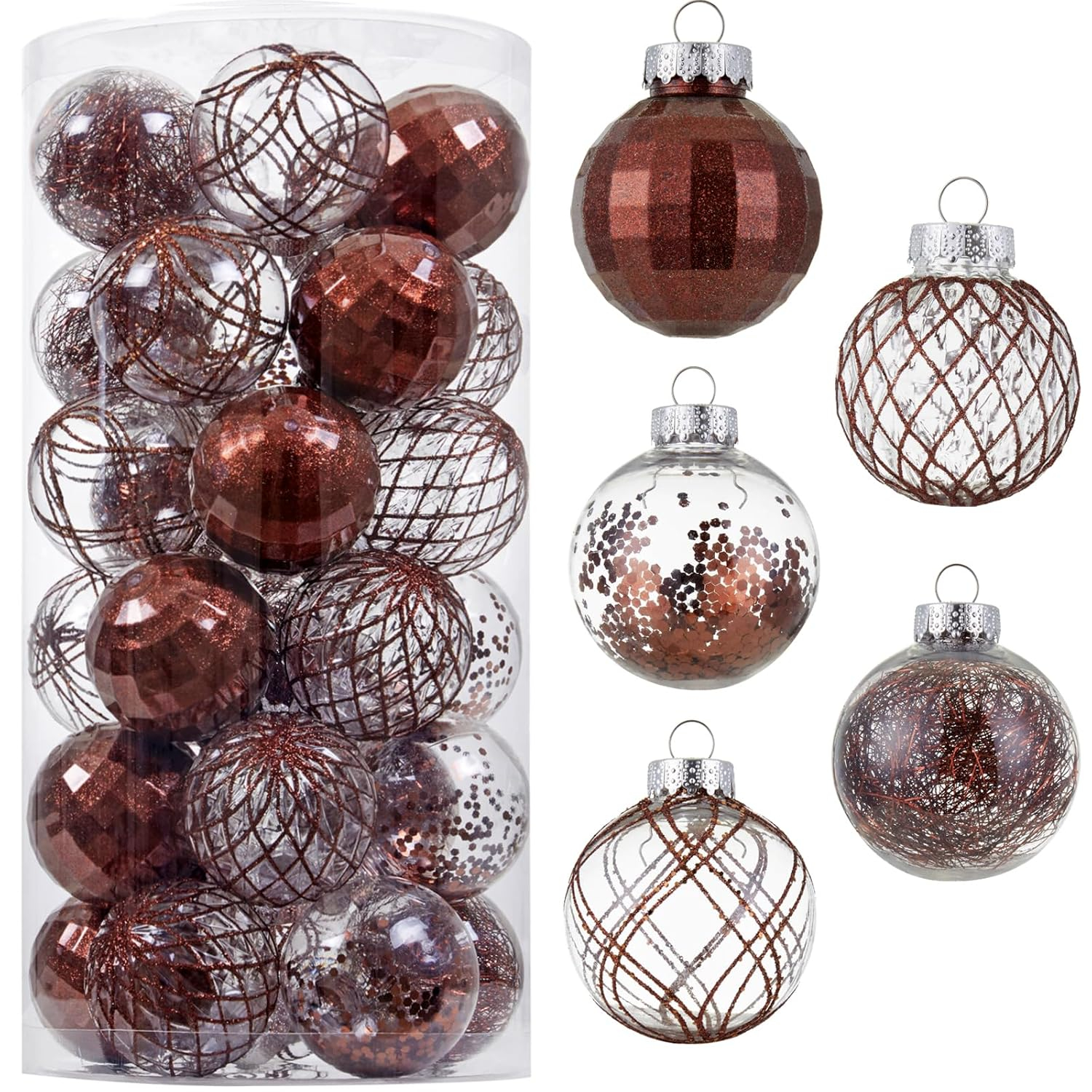 30ct Christmas Ball Ornaments-60mm/2.36" Shatterproof Clear Plastic Xmas Balls Baubles Set with Stuffed Delicate Sparkling, Hanging Christmas Tree Decorations (Rose Gold)