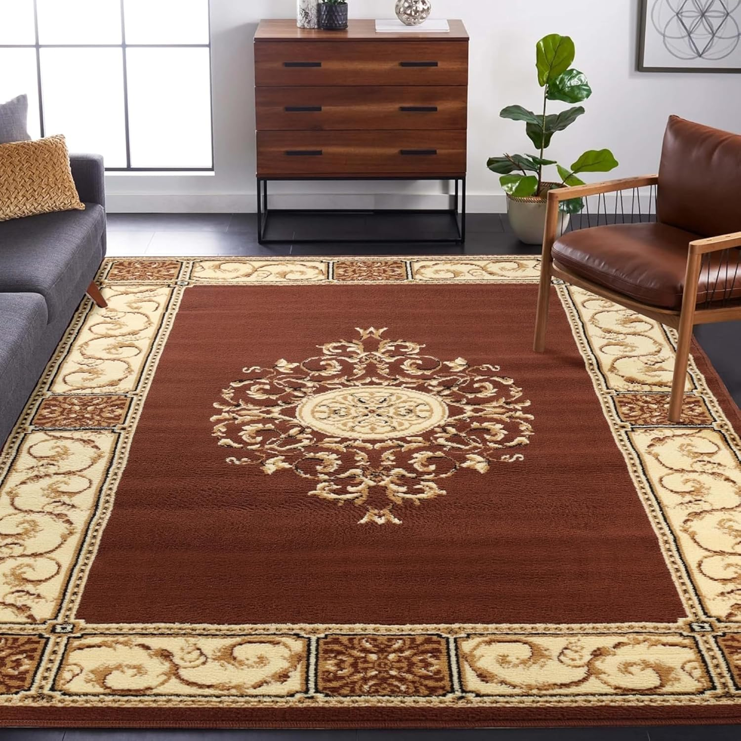 Superior Classic Elegant Floral Medallion Power-Loomed Indoor Area Rug, Toffee, 6' x 9'