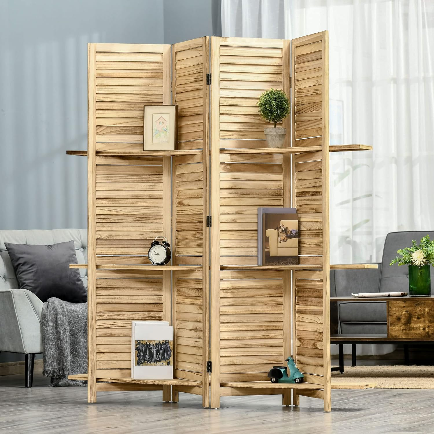 HOMCOM Room Divider, 4 Panel 67" Tall Wood Privacy Screen with 3 Display Shelves, and Folding Storage for Bedroom or Home Office, Natural Wood Color