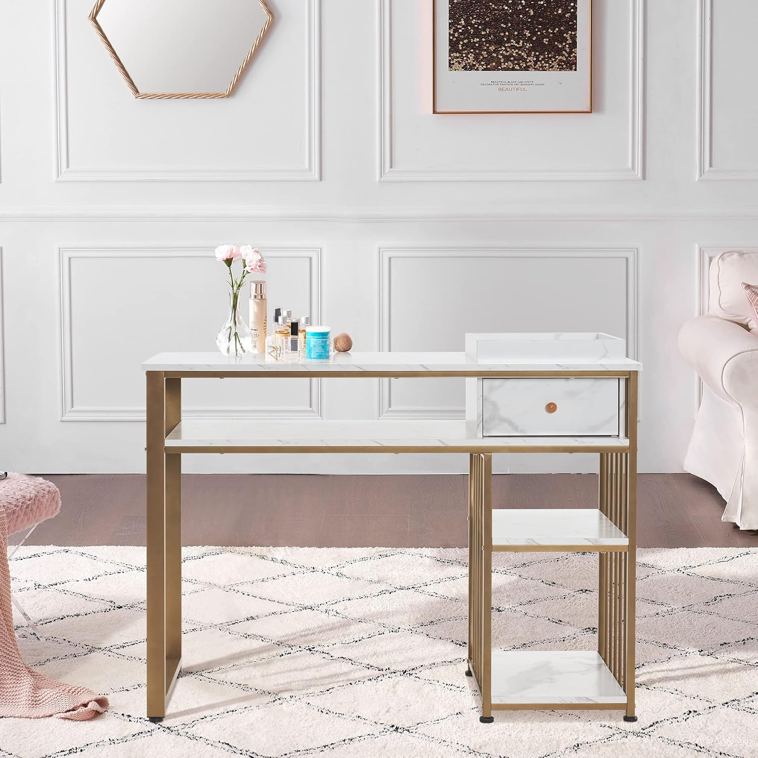 BarberPub Makeup Vanity Desk with Storage, Manicure Table with Metal Frame, Faux Marble Top