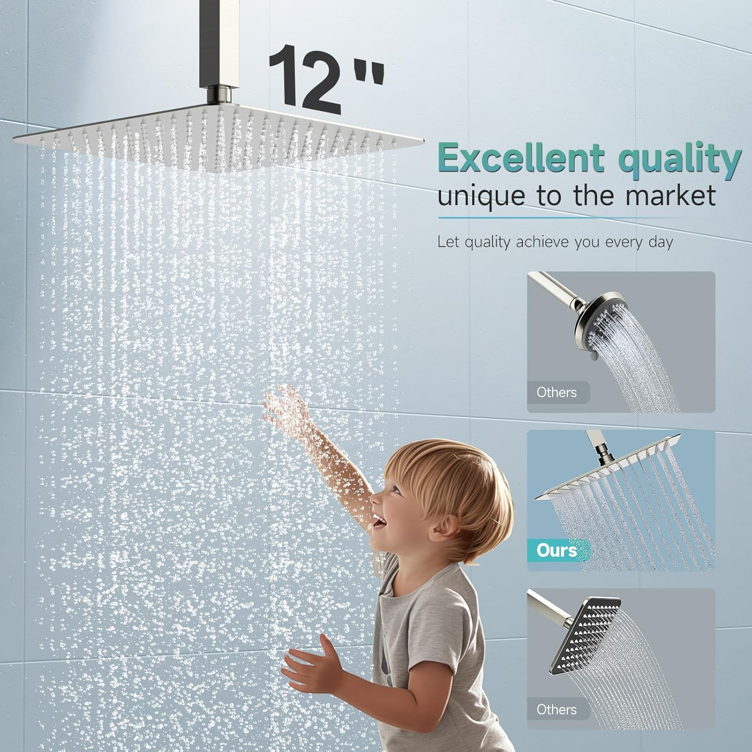SR SUN RISE 12 Inch Rain Shower Head, High Pressure Rainfall Showerhead Large Waterfall Shower Head Ultra Thin Water Saving, Brushed Nickel 304 Stainless Steel