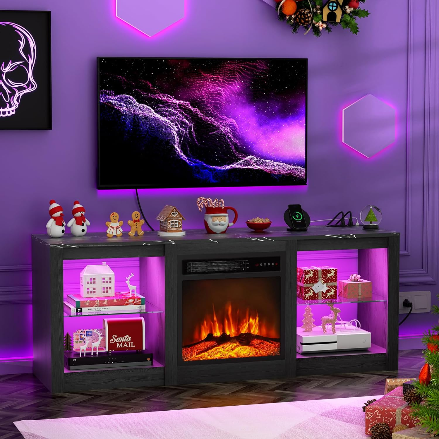 BOSSIN 58" Fireplace TV Stand for 65 inch TV Console with 18'' Electric Fireplace & Remote, Wooden Modern Entertainment Center for Living Room with LED Light Glass Shelves