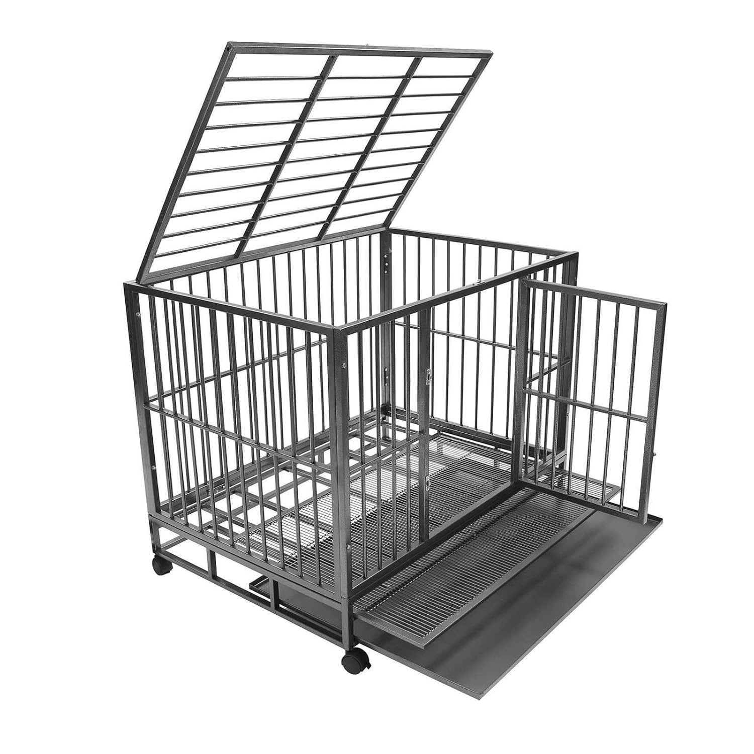 SmithBuilt 42" Large Heavy-Duty Dog Crate Cage - Two-Door Indoor Outdoor Pet & Animal Kennel with Tray - Silver