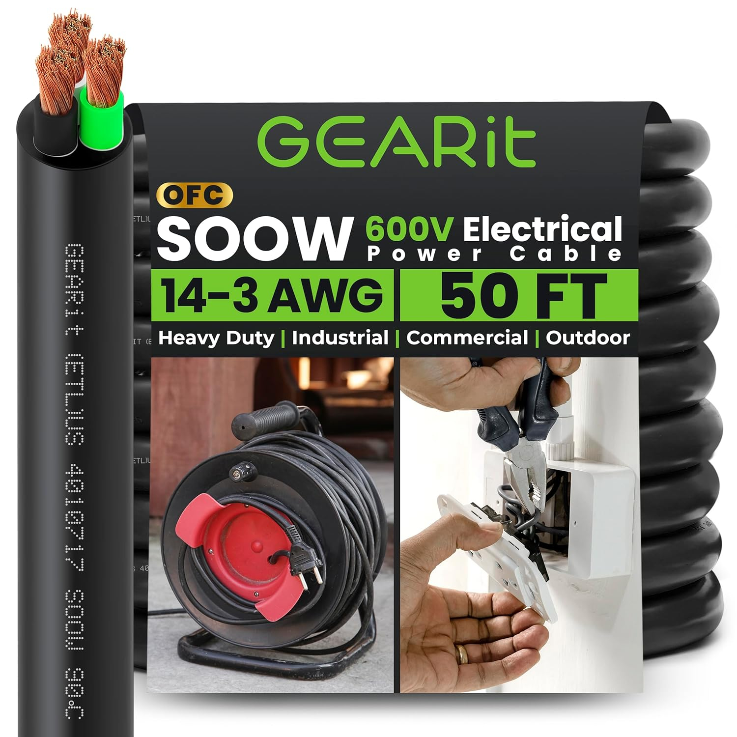 GearIT 14/3 14 AWG Portable Power Cable (50 Feet - 3 Conductor) SOOW 600V 14 Gauge Electric Wire for Motor Leads, Portable lights, Battery Chargers, Stage Lights and Machinery -50ft Electrical Cord