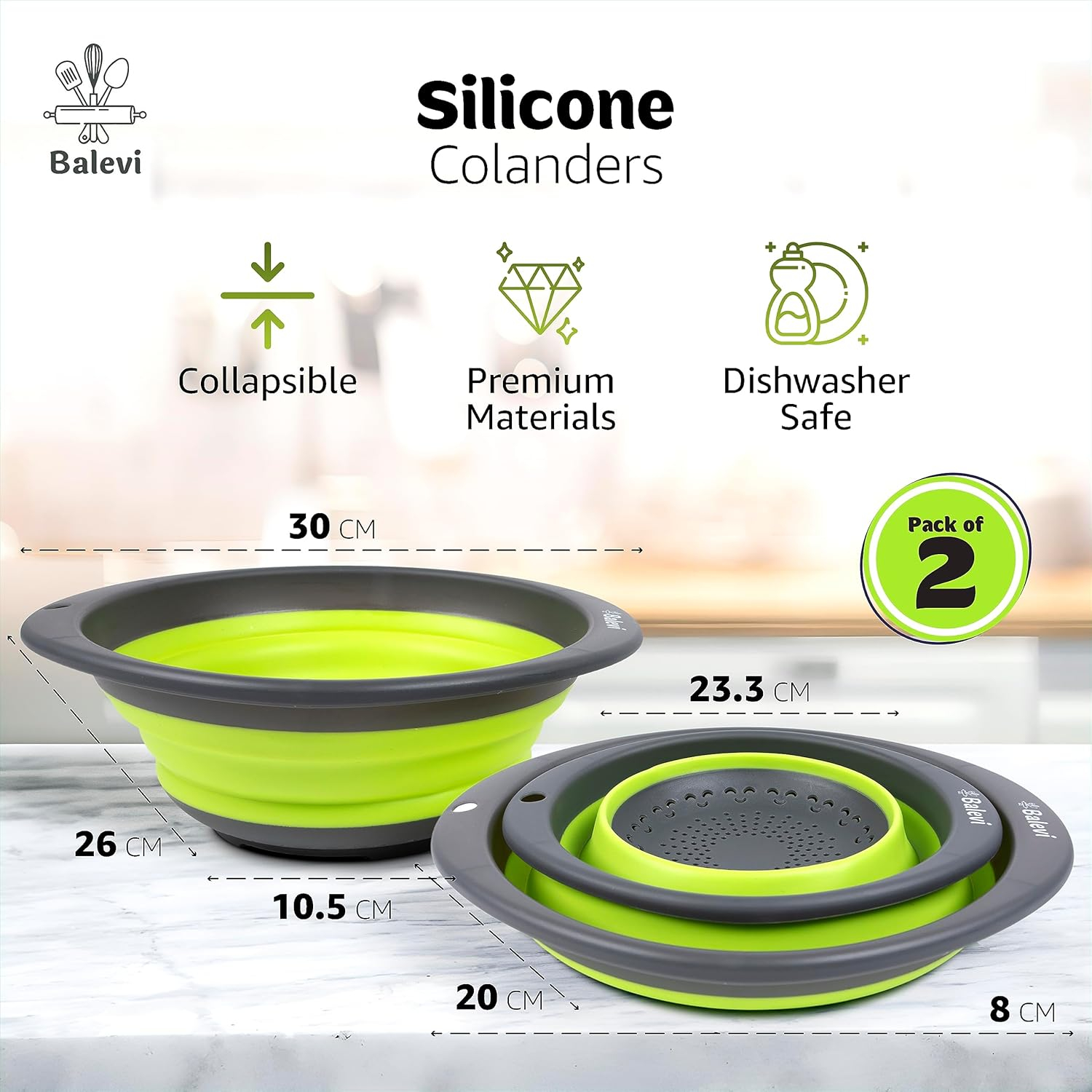 "Balevi Collapsible Strainers for Kitchen - Collapsible Colander Set of 2 Made of Silicone - Collapsible Strainer with Little Pegs to Keep Food Elevated - Green"