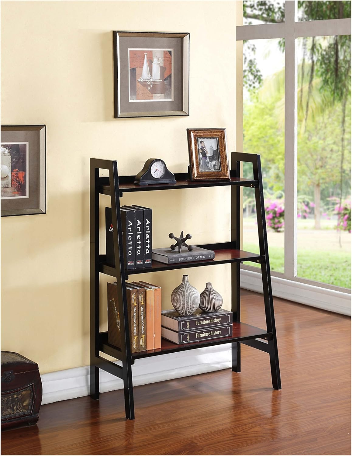 Transitional Black Cherry Wood Ladder Bookshelf, 30"W x 40"H