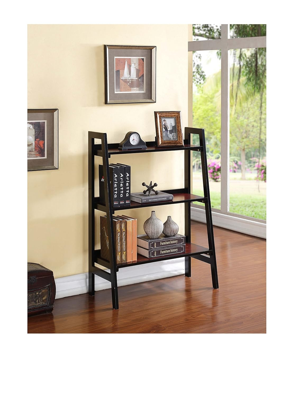Transitional Black Cherry Wood Ladder Bookshelf, 30"W x 40"H