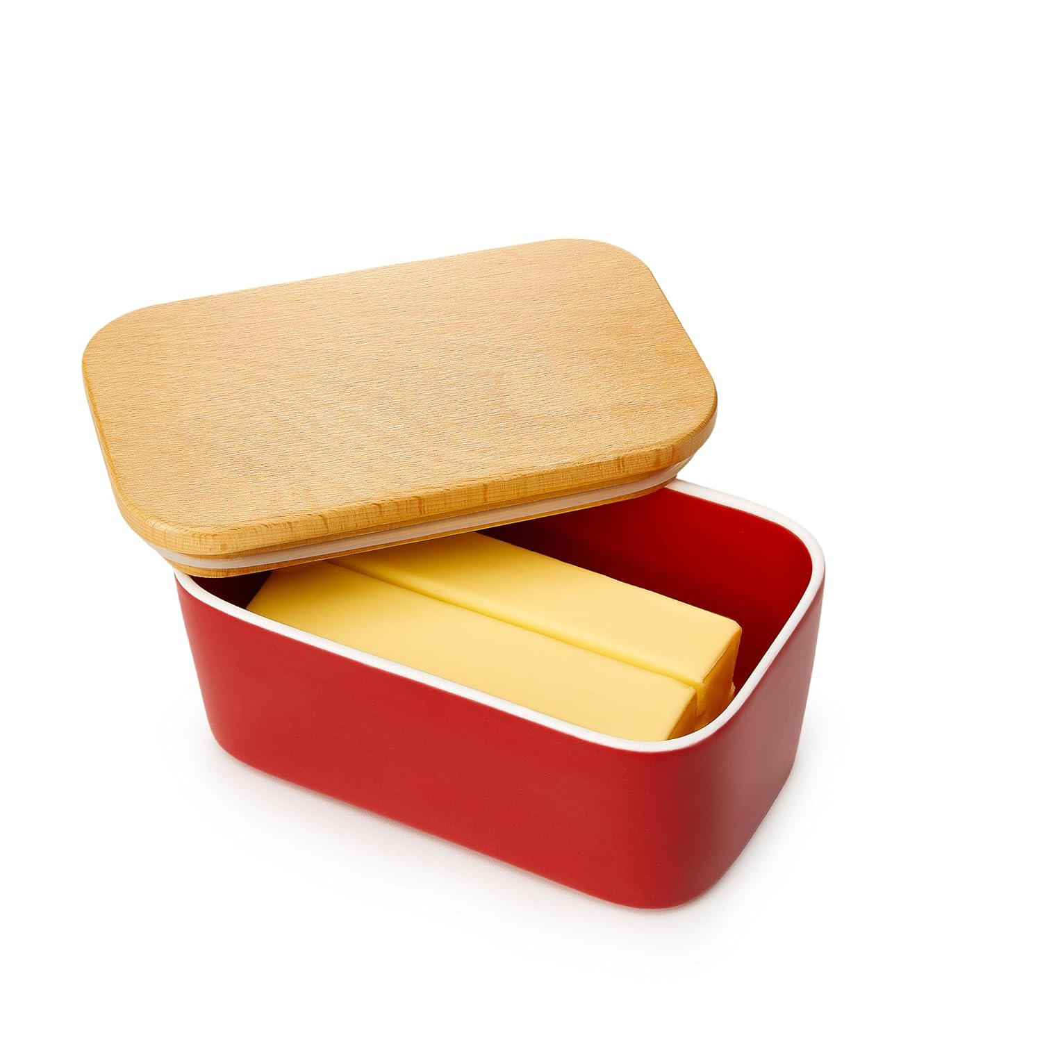 [new and improved] sweese 3151 large butter dish - airtight butter keeper holds up to 2 sticks of butter - porcelain container with beech