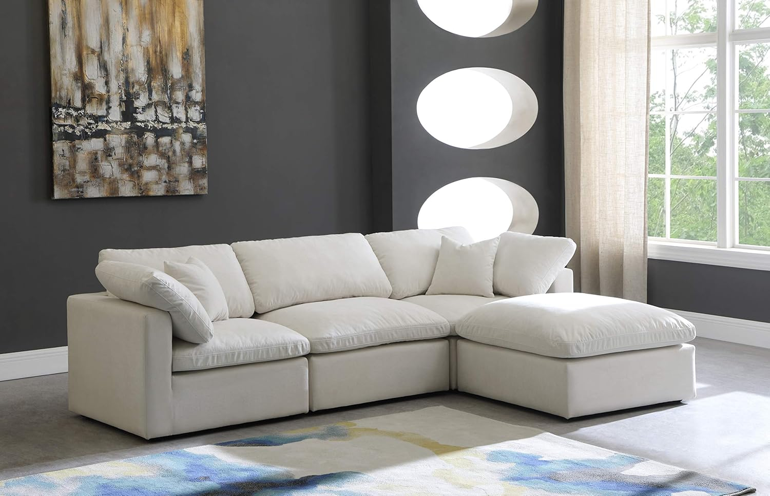 Meridian Furniture 602Cream-Sec4A Plush Collection Contemporary Down Filled Comfort Overstuffed Velvet Upholstered Modular L-Shaped Sectional 3-Seater and 1 Ottoman Cream