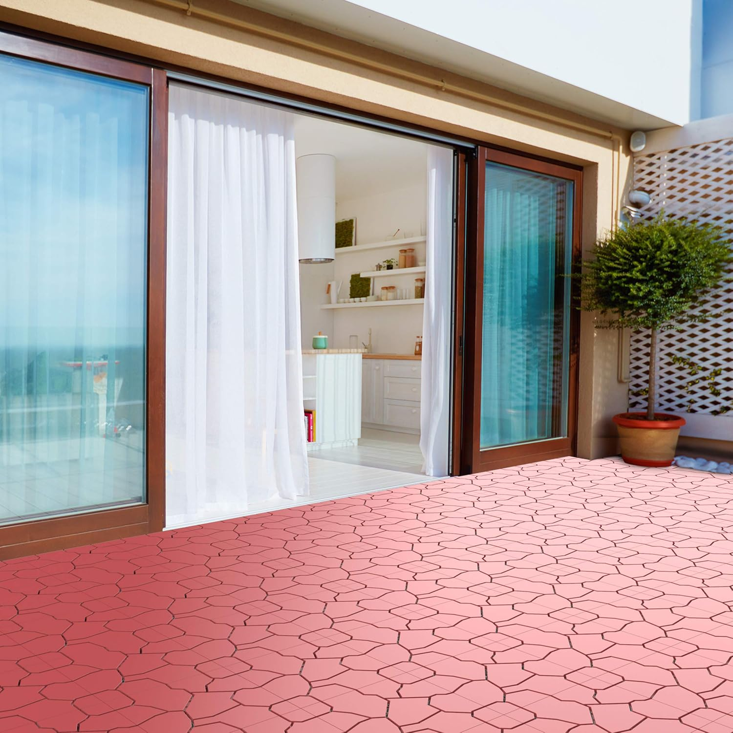 Pure Garden 6-Pack Polypropylene Interlocking Patio Deck Tiles - Weather-Resistant Outdoor Flooring for Balcony, Porch, and Garage (Bridk Red)