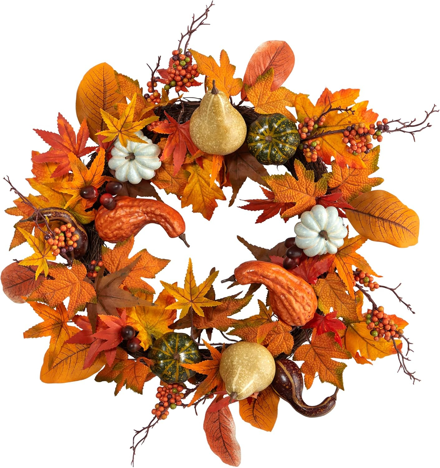 Nearly Natural 24-in Autumn Pumpkin, Gourd and Berries in Assorted Colors Artificial Fall Wreath