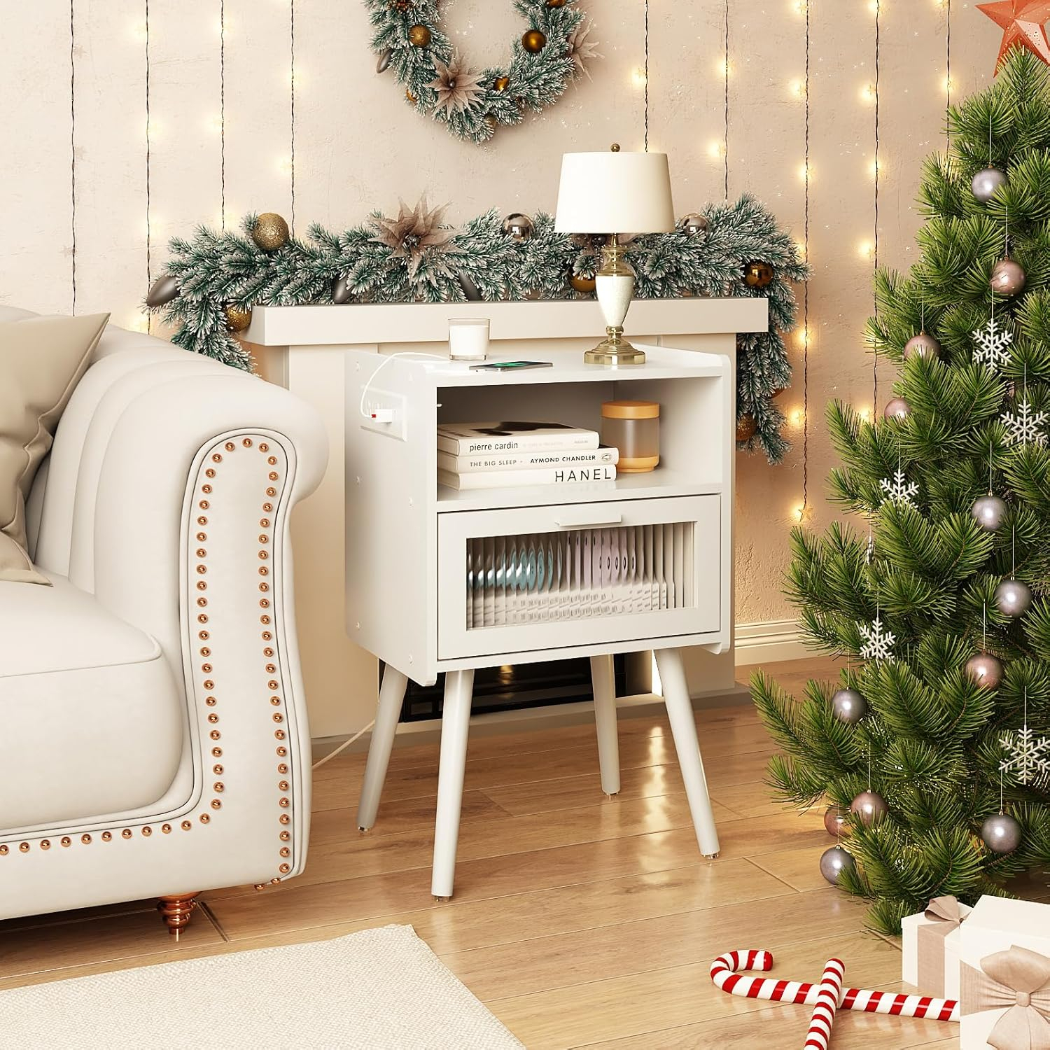 Mid Century Modern Nightstand with Charging Station, Bedside Tables with Glass Drawer, End Table Side Table with 2 Tiers Storage Space, for Bedroom, Living Room, White