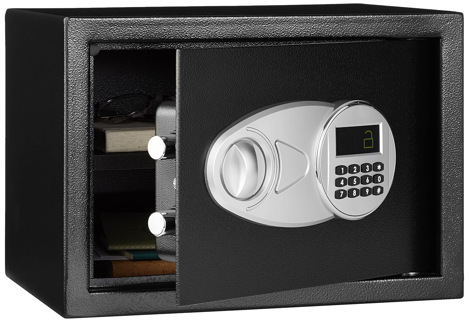 Amazon Basics Steel Security Safe and Lock Box with Electronic Keypad, for Cash, Jewelry, Documents, Black, 0.5 Cubic Feet, 13.8" W x 9.8" D x 9.8" H