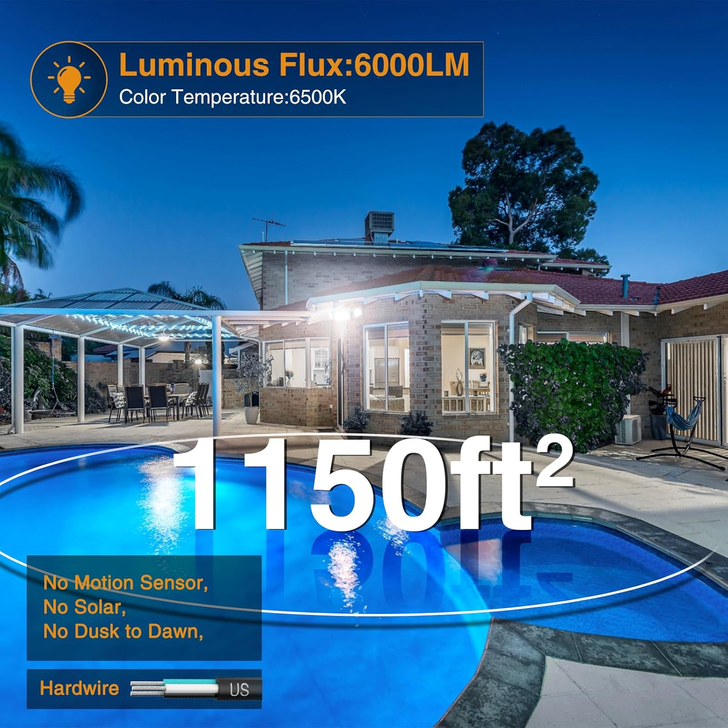 Onforu 60W Flood Lights Outdoor, 6000LM Brightness Security Lights Switch Controlled, 3 Adjustable Heads, IP65 Waterproof, 6500K Wall Mount Exterior LED Flood Light