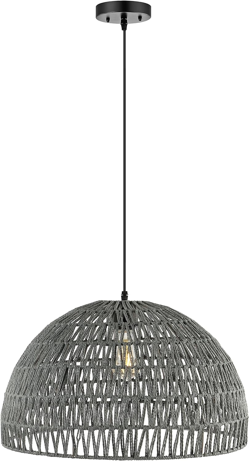 Campana 20" 1-Light Bohemian Modern Woven Rope/Iron LED Pendant, Grey/Black