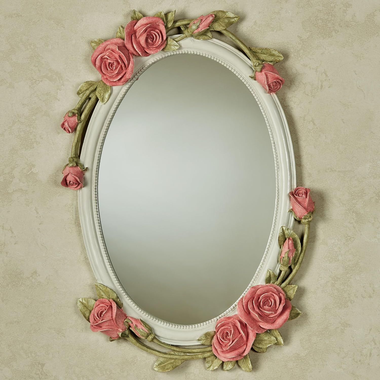 Antique White Oval Resin Wall Mirror with Pink Roses