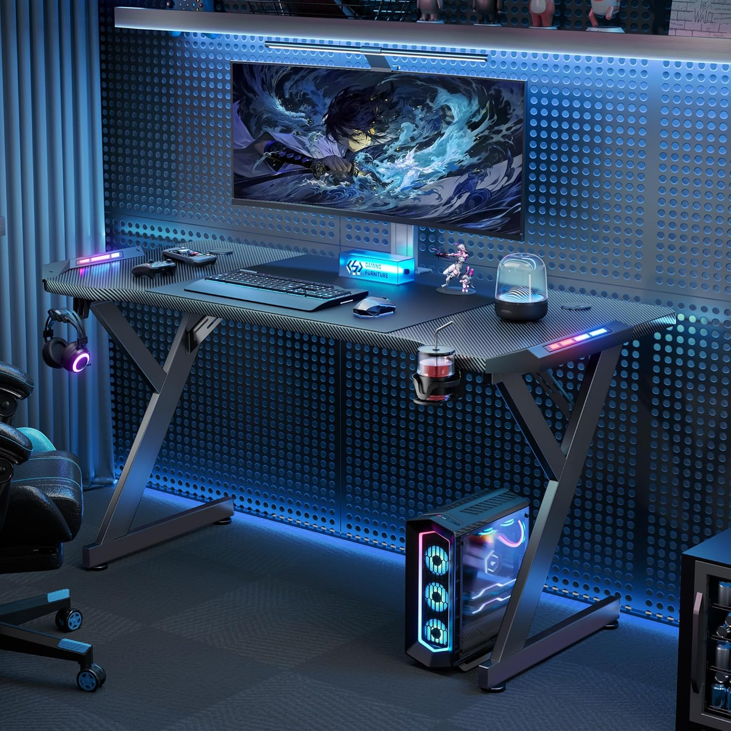 HLDIRECT 47 Inch Gaming Desk with LED Lights, Ergonomic Computer Table with Carbon Fibre Surface, Sturdy PC Workstation Desk for Home Office with Headphone Hook, Cup Holder, Black