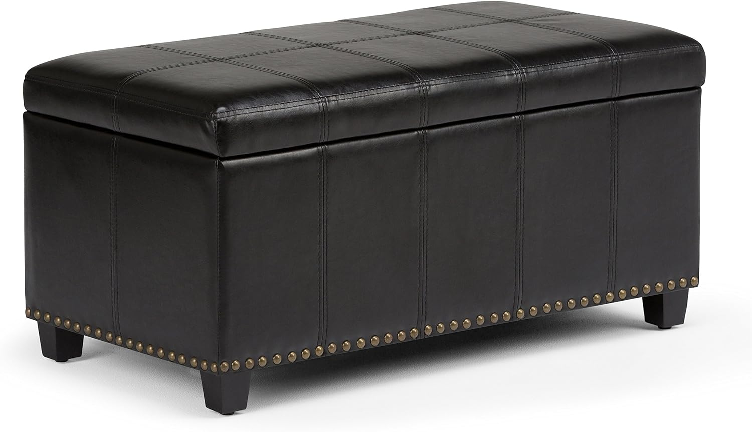 Simpli Home Amelia 34 inch Wide Transitional Rectangle Storage Ottoman Bench in Midnight Black Faux Leather